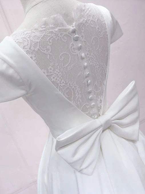 White v neck satin lace short prom dress white homecoming dress