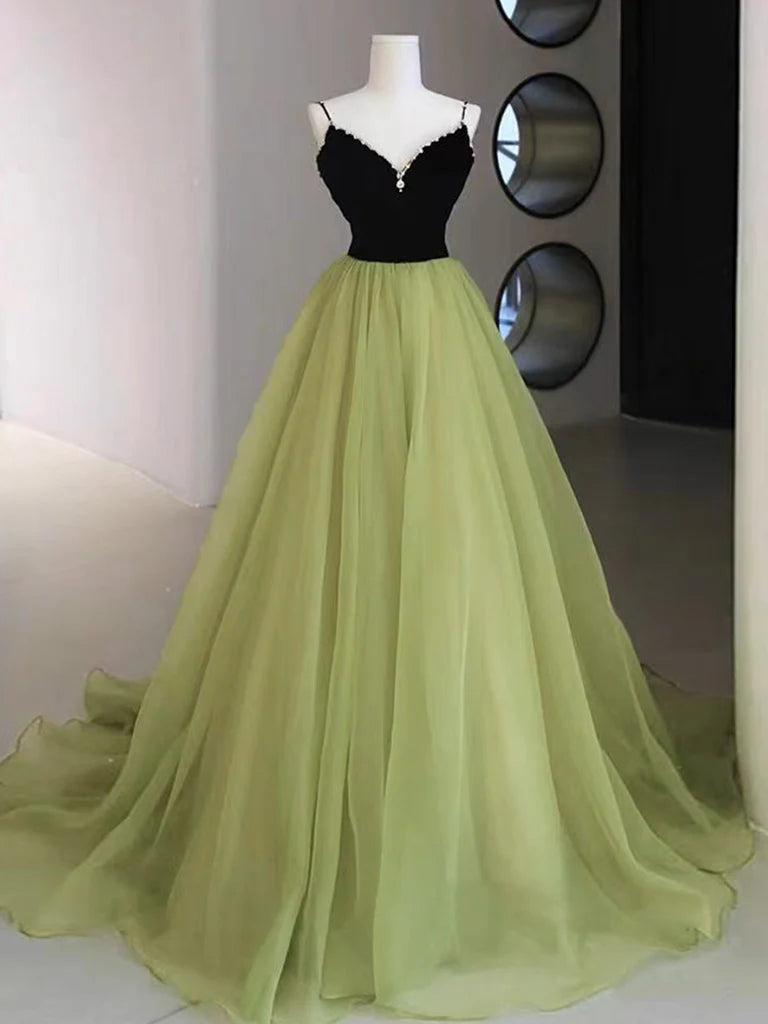 A-Line V Neck Green Tulle Long Prom Dress  Green Formal Dress