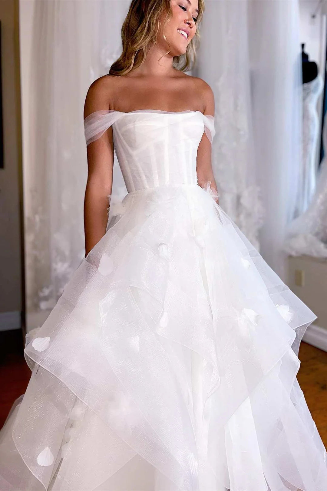White Off-the-Shoulder Tiered A-Line Wedding Dress with Flowers