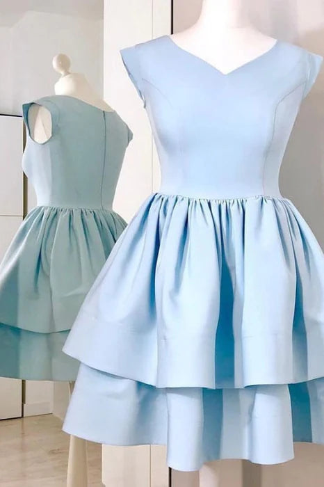 Light Blue Cap Sleeve Homecoming Two Layers V Neck Short Party Dress