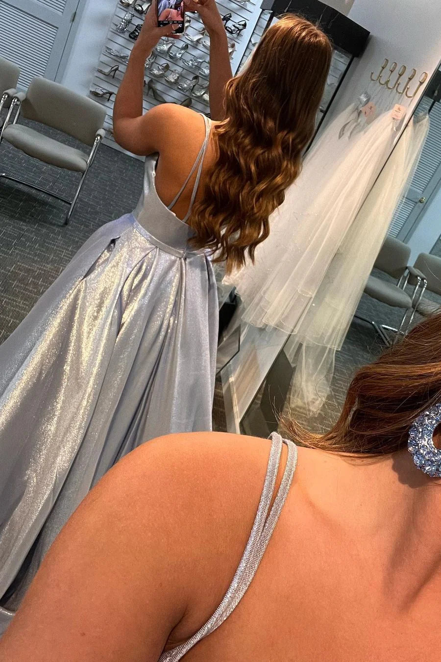 A-line Silver Straps Long Prom Dress with Pockets