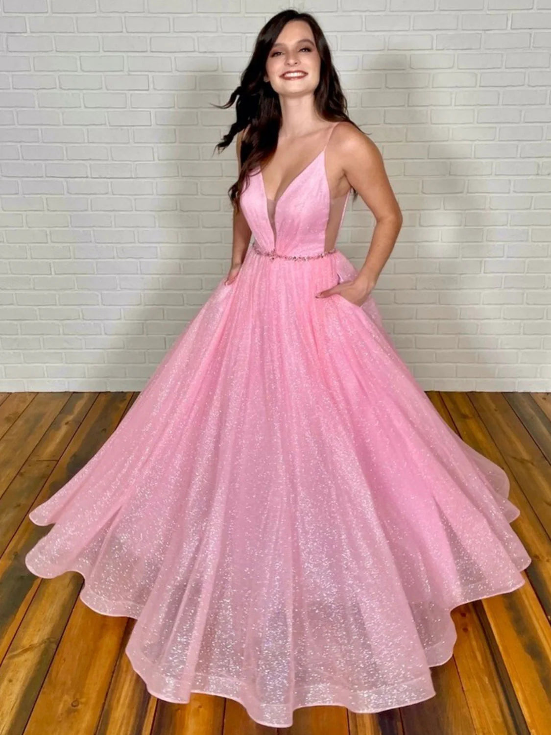 Pink v neck tulle long prom dress pink tulle formal dress