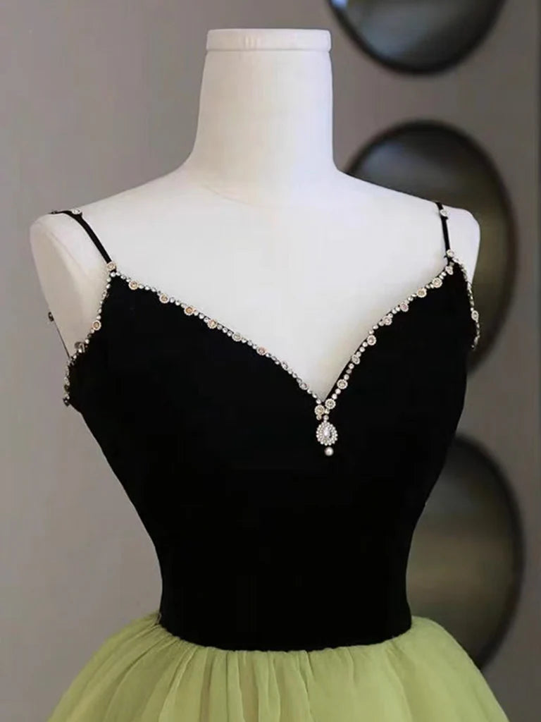 A-Line V Neck Green Tulle Long Prom Dress  Green Formal Dress