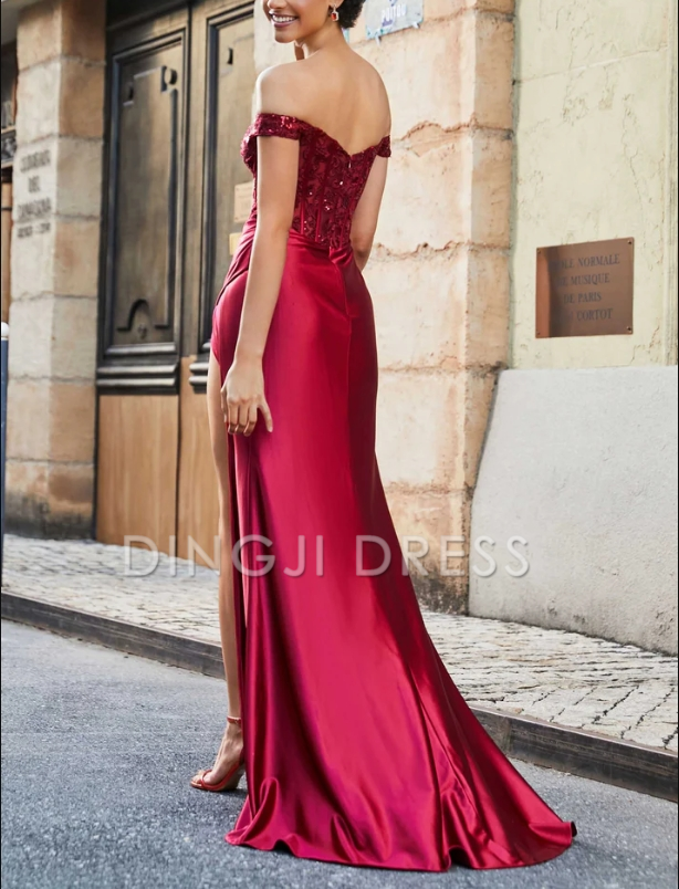 DingJiDress Evening Dress Mermaid Off-the-Shoulder Sleeveless Pleated Corset Bodice Side Fork Satin Sweep Train Elegant Fashion Formal Dress