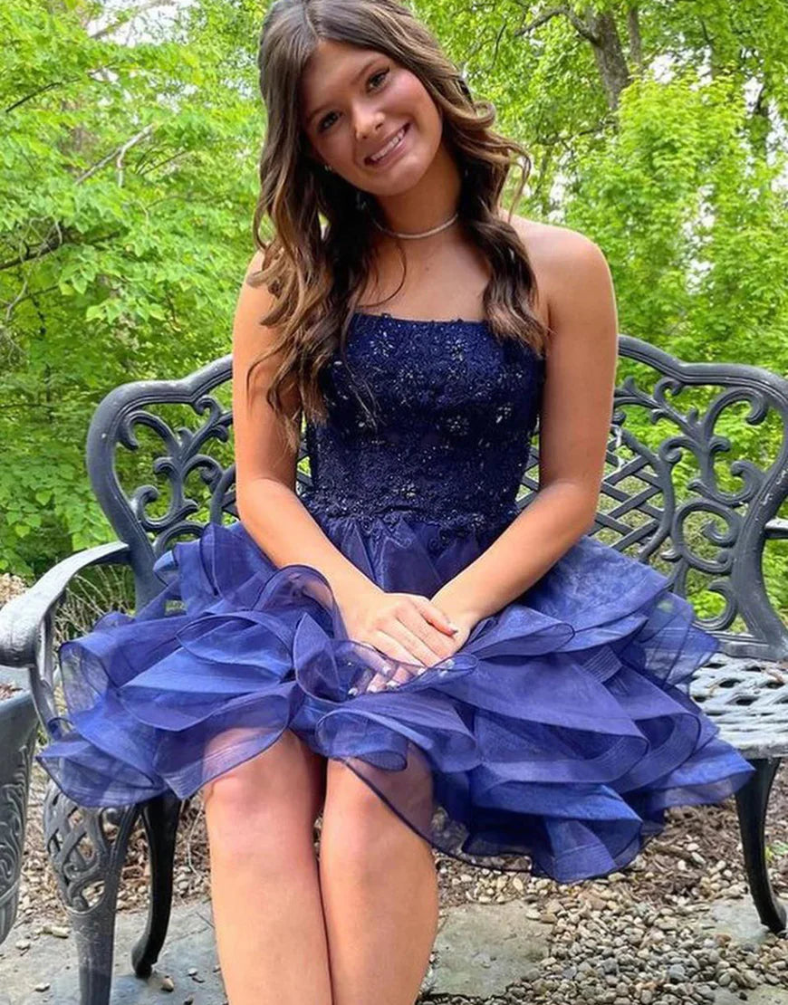 Navy A Line Tulle Tiered Homecming Dress with Appliques
