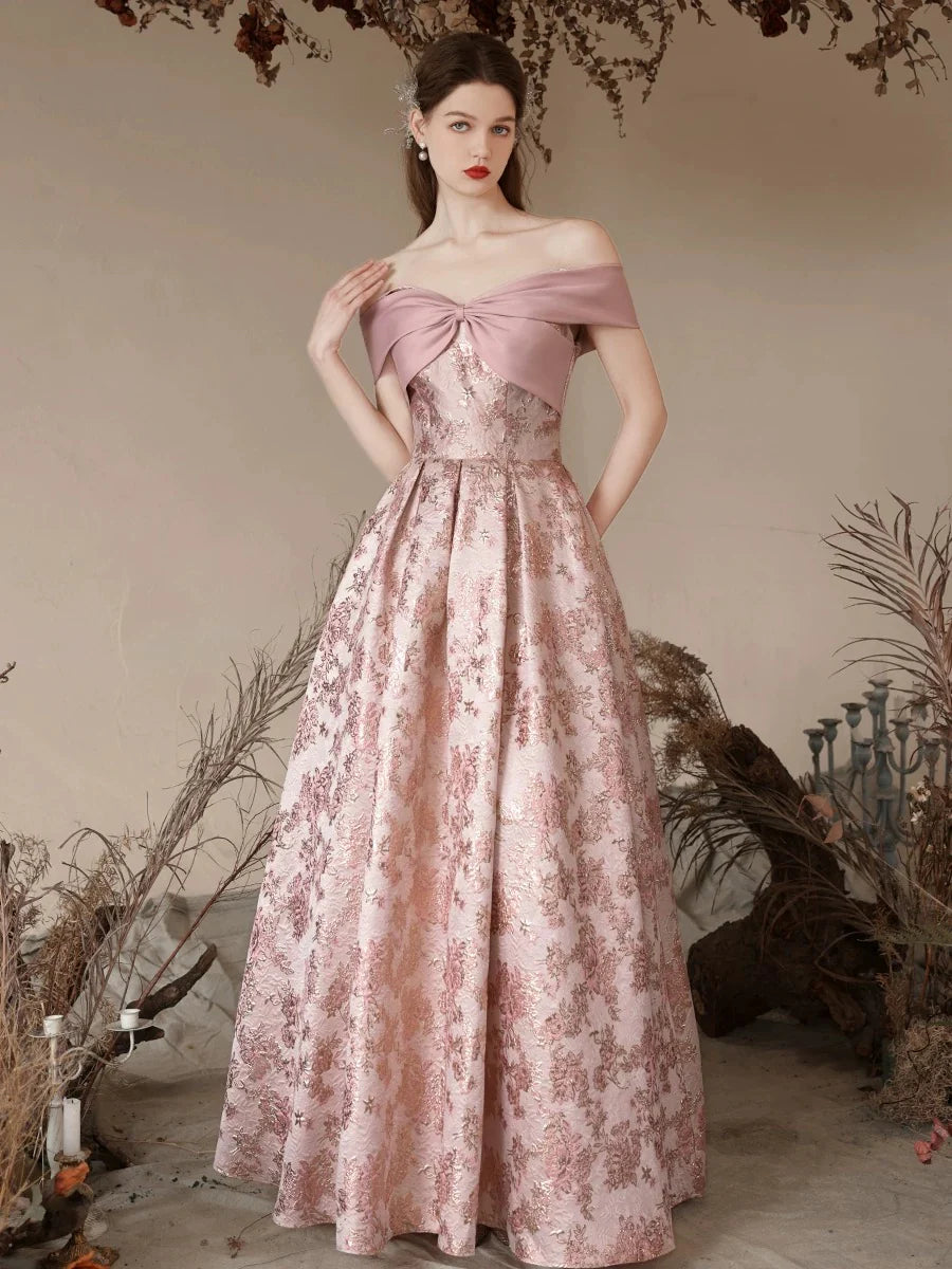 A-Line Off Shoulder Satin Pink Long Prom Dress  Pink Long Evening Dress
