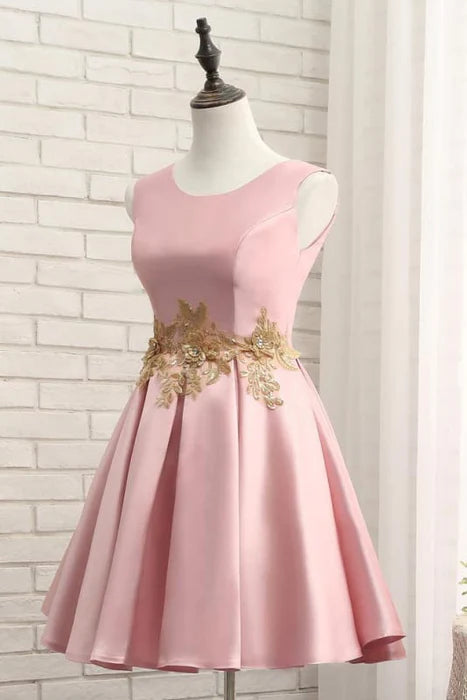 Pink A Line Sleeveless Ruched Homecoming with Gold Appliques Short Prom Dress