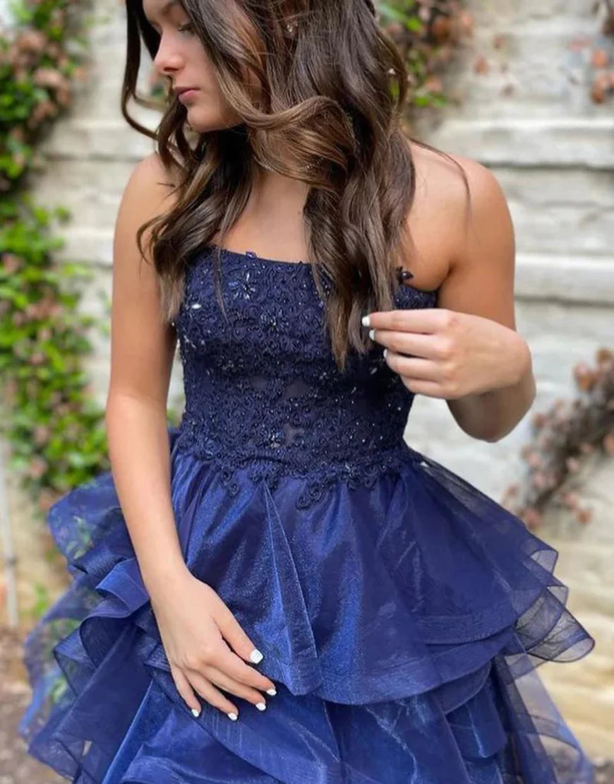 Navy A Line Tulle Tiered Homecming Dress with Appliques
