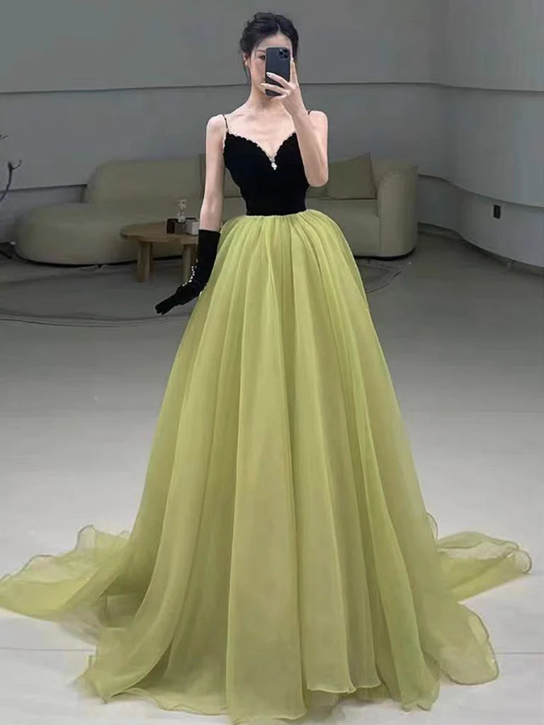 A-Line V Neck Green Tulle Long Prom Dress  Green Formal Dress