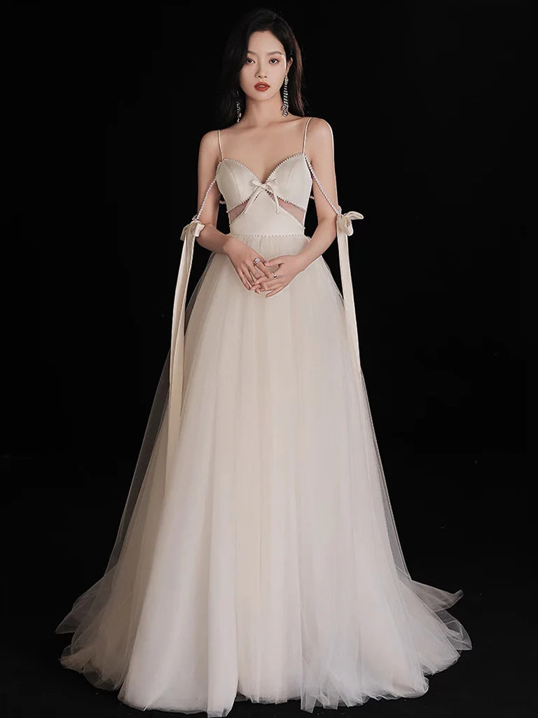 A-Line Light Champagne Tulle Beads Long Prom Dress Light Champagne Evening Dress