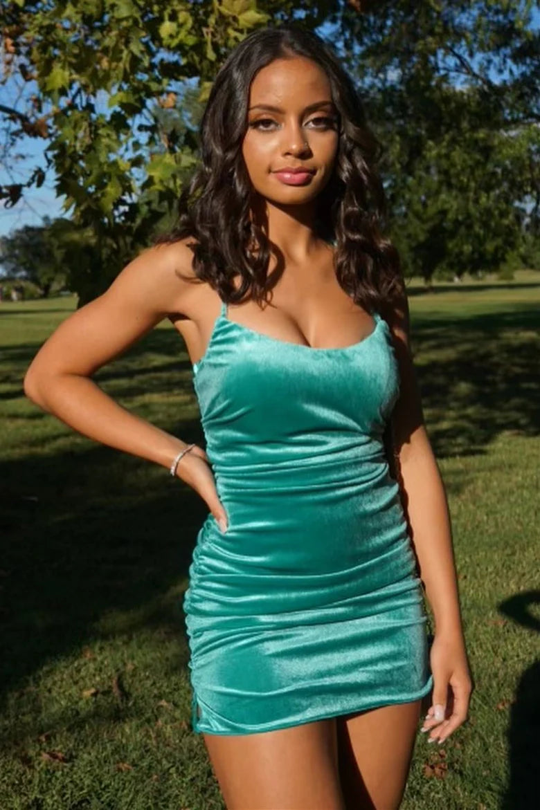 Turquoise Velvet Lace-Up Short Party Dress