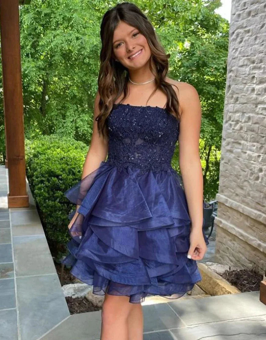 Navy A Line Tulle Tiered Homecming Dress with Appliques