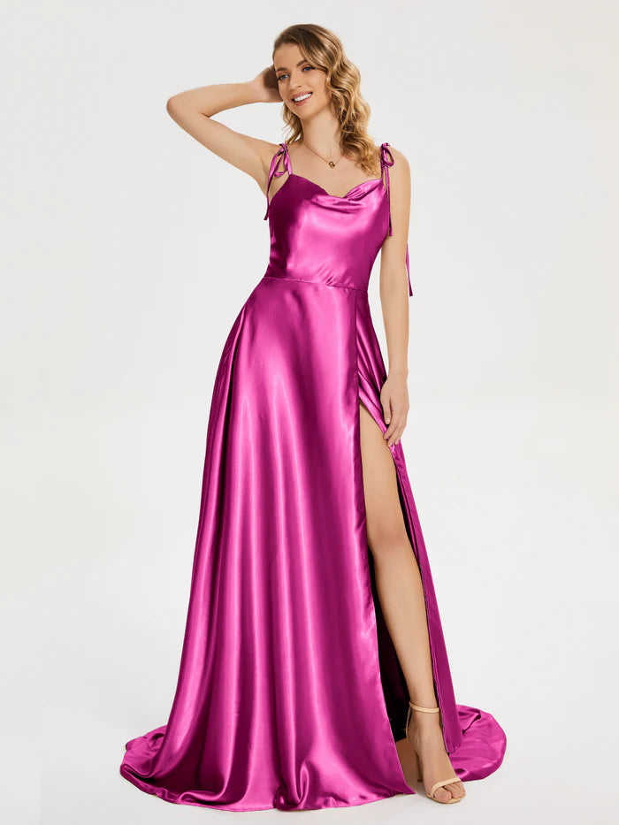 Spaghetti Straps Soft Satin Prom Dress with Slit