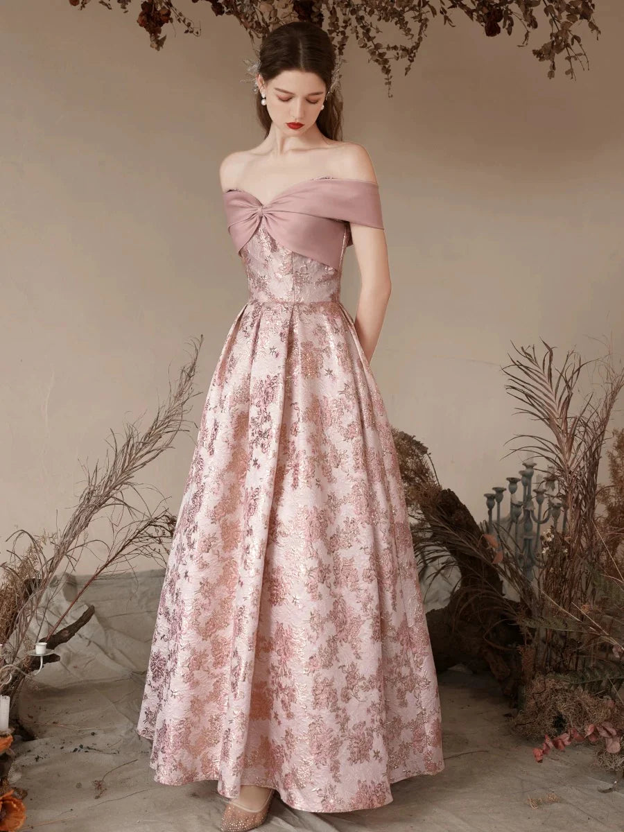 A-Line Off Shoulder Satin Pink Long Prom Dress  Pink Long Evening Dress