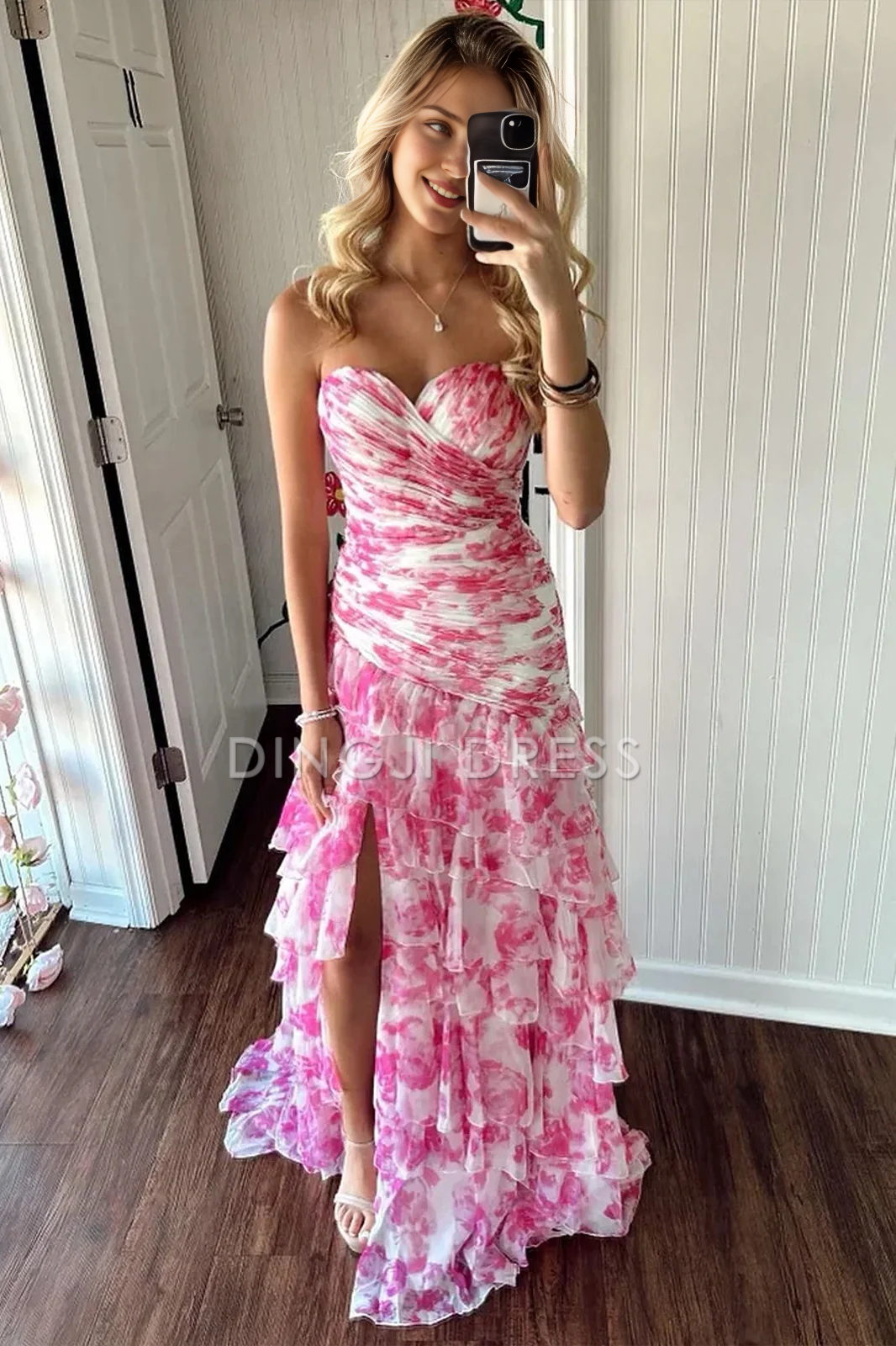 DingJiDress Gorgeous Mermaid Sweetheart Retro Print Long with Ruffles Side Fork Elegant Prom Dress