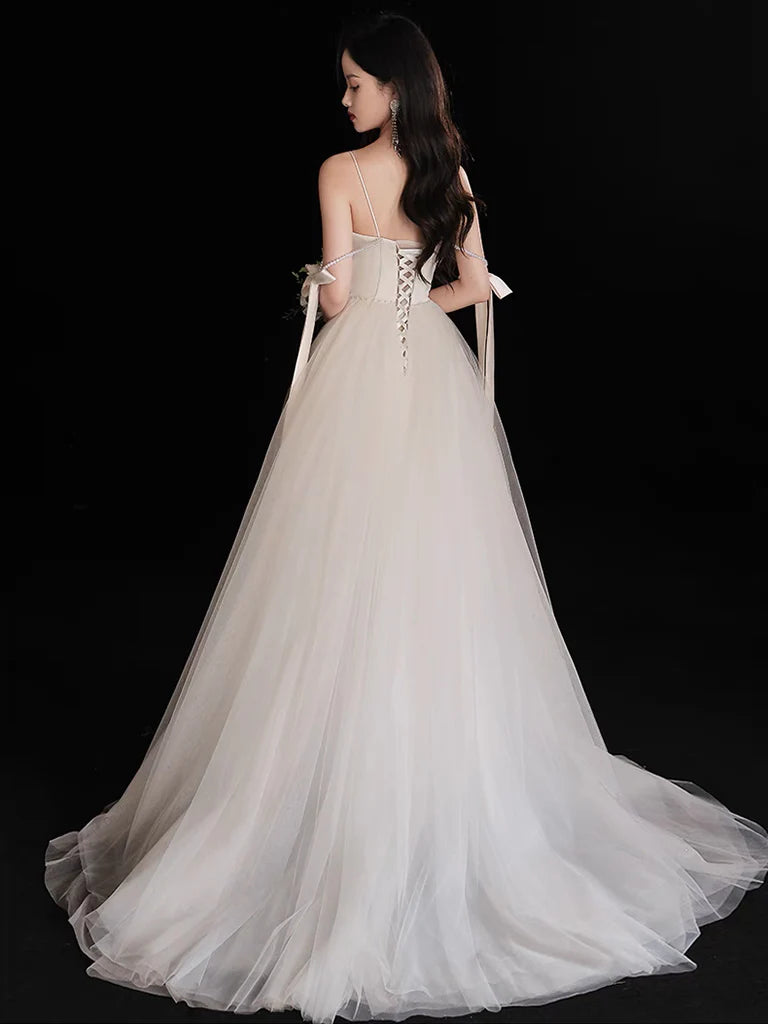 A-Line Light Champagne Tulle Beads Long Prom Dress Light Champagne Evening Dress