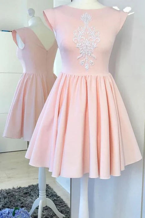 Mini Pink Cap Sleeve Satin Prom with Appliques A Line Ruched Homecoming Dress