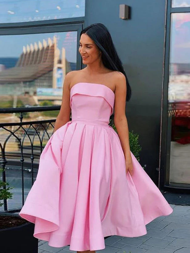 Simple satin short prom dress pink homecoming dress