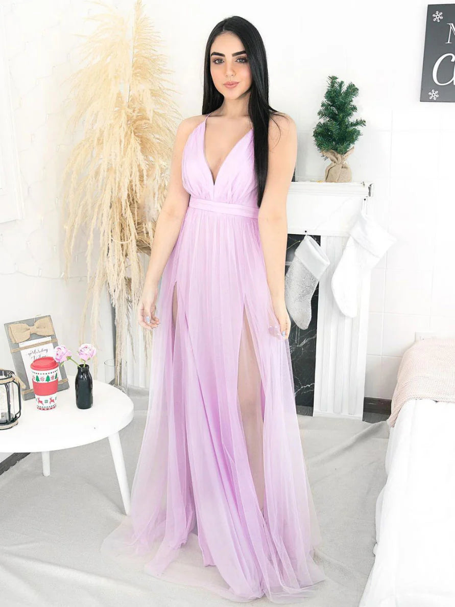 Simple pink v neck tulle long prom dress tulle formal dress