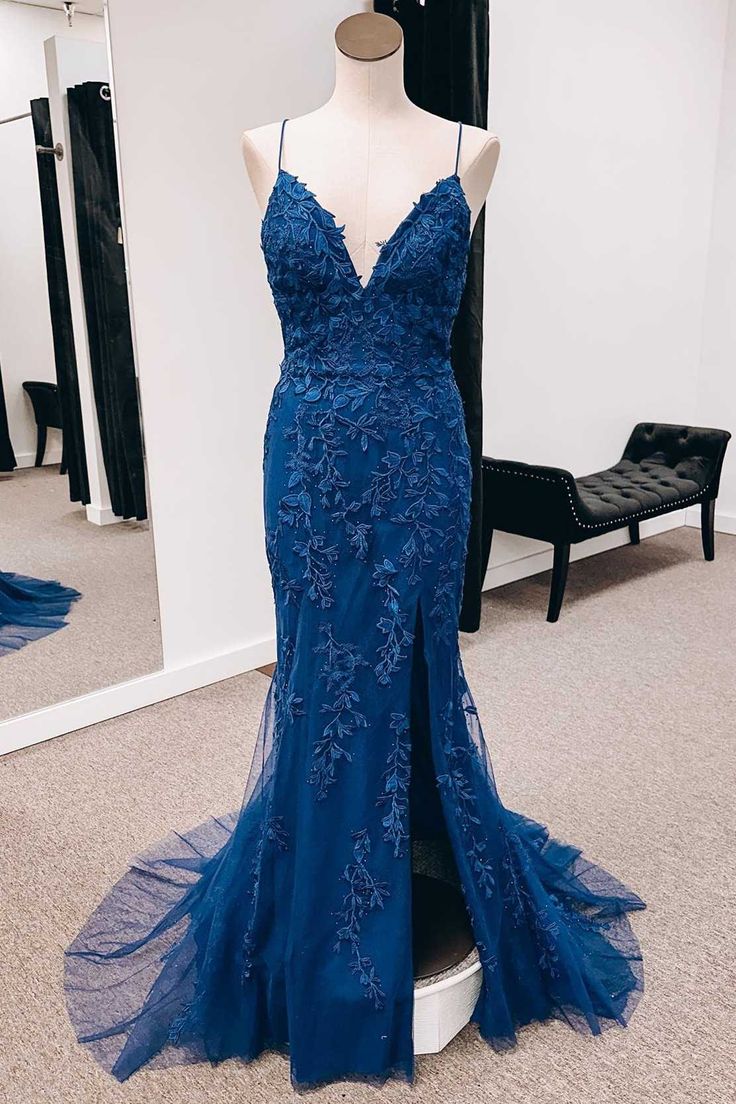 Fashionable V-neck blue mermaid long formal slit dress