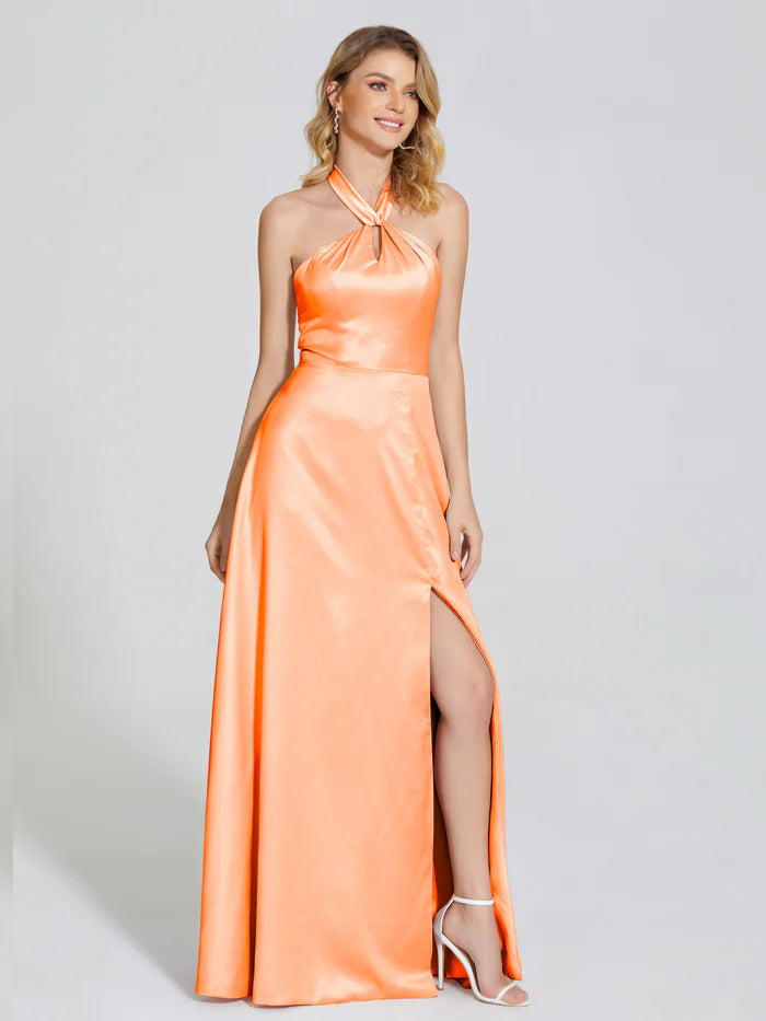 Backless Halter Soft Satin Prom Dress With Cutout