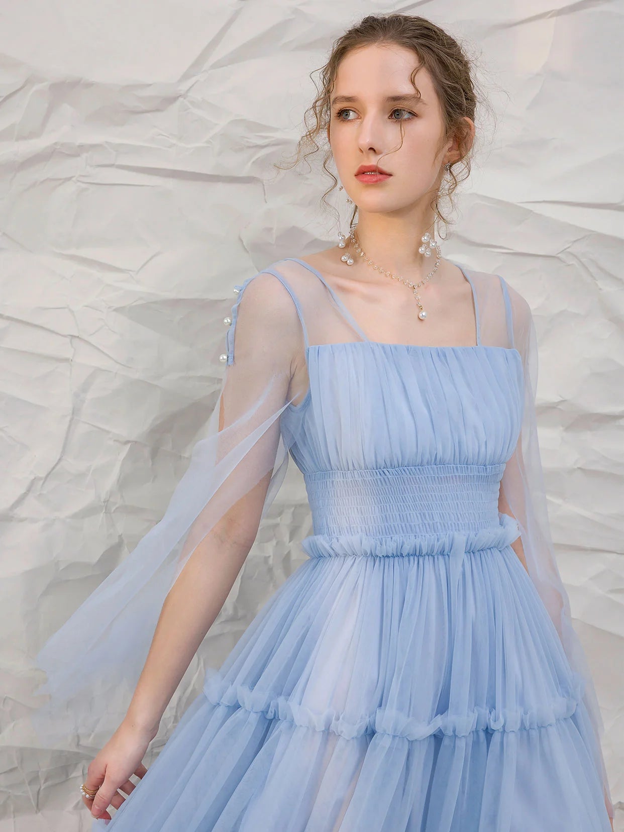 Blue tulle tea length prom dress blue tulle formal evening dress