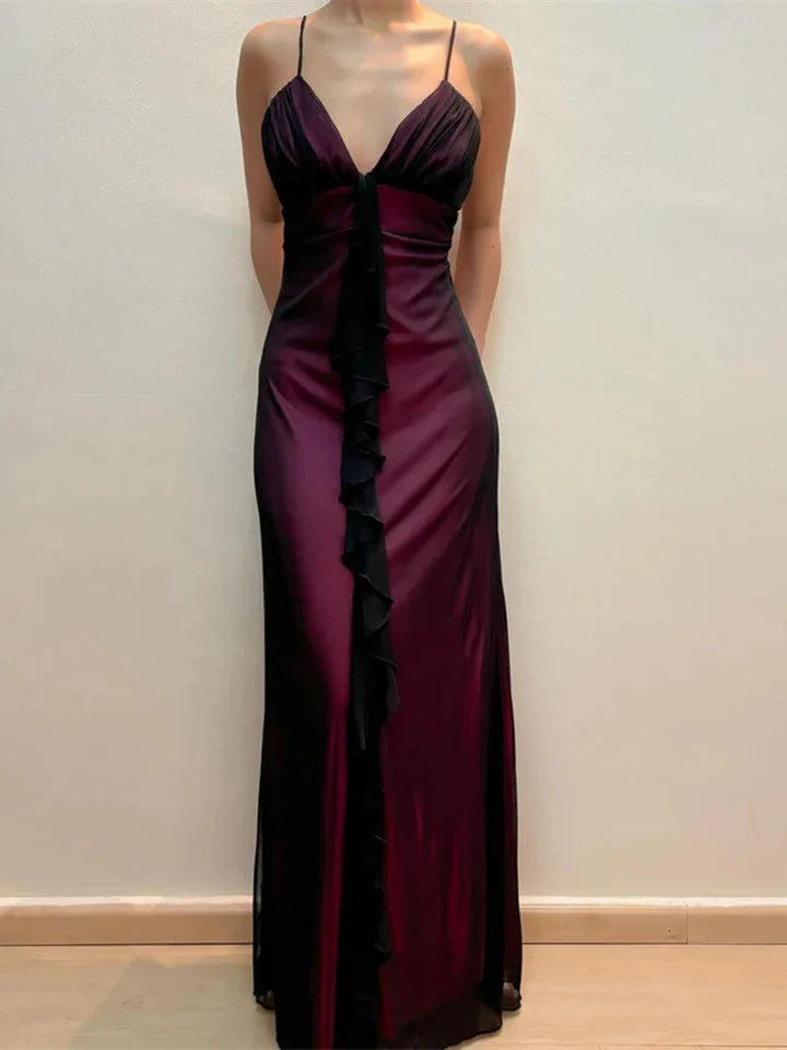 V Neck A Line Vintage Long Prom DressRuffle Evening Party Dress
