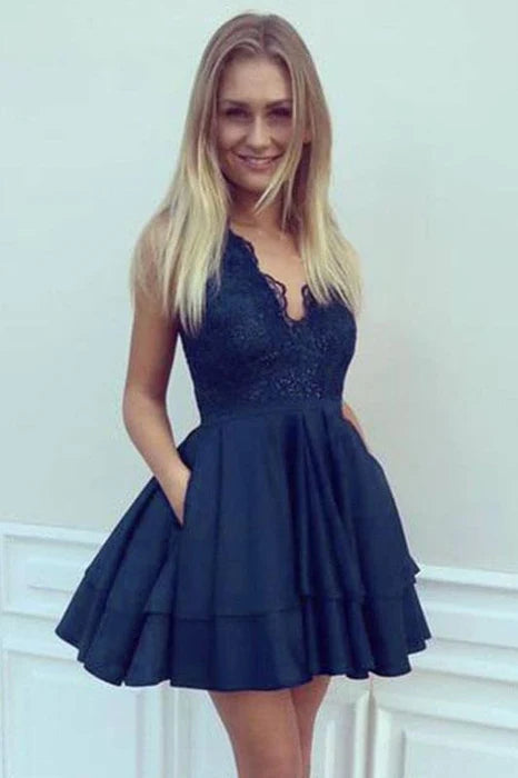A-line V-neck satin short back to school dress with lace top mini sleeveless party dress