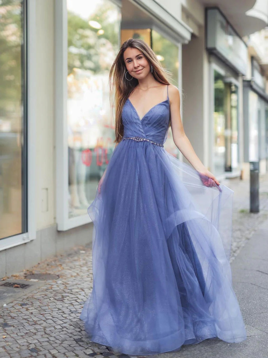 Blue v neck tulle long prom dress blue tulle evening dress