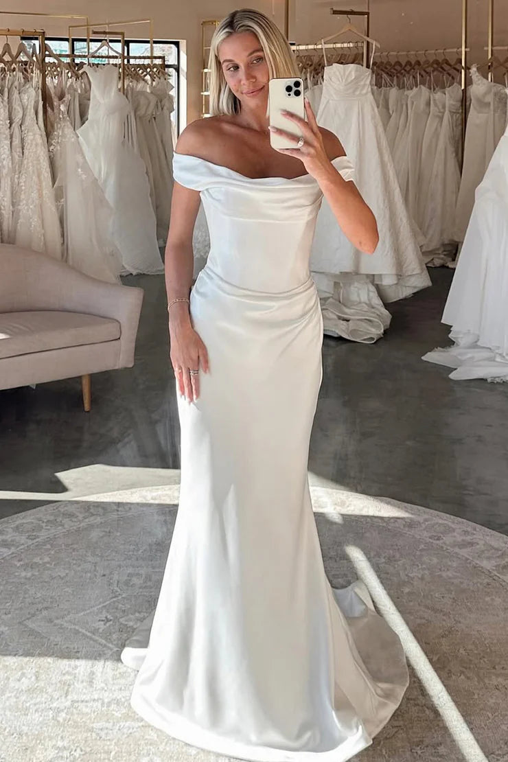 Charming Mermaid Off the Shoulder Satin Wedding Dress