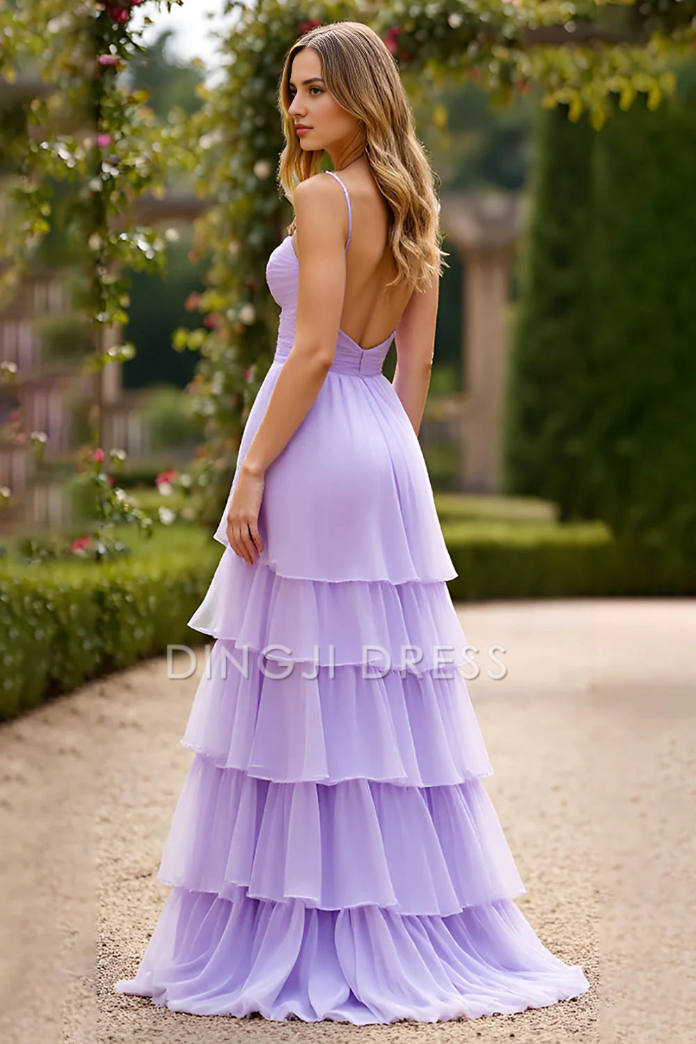DingJiDress High Quality Dress A Line Spaghetti Strap Sweetheart Chiffon Ruched Tiered Backless Exquisite Long Prom Dress