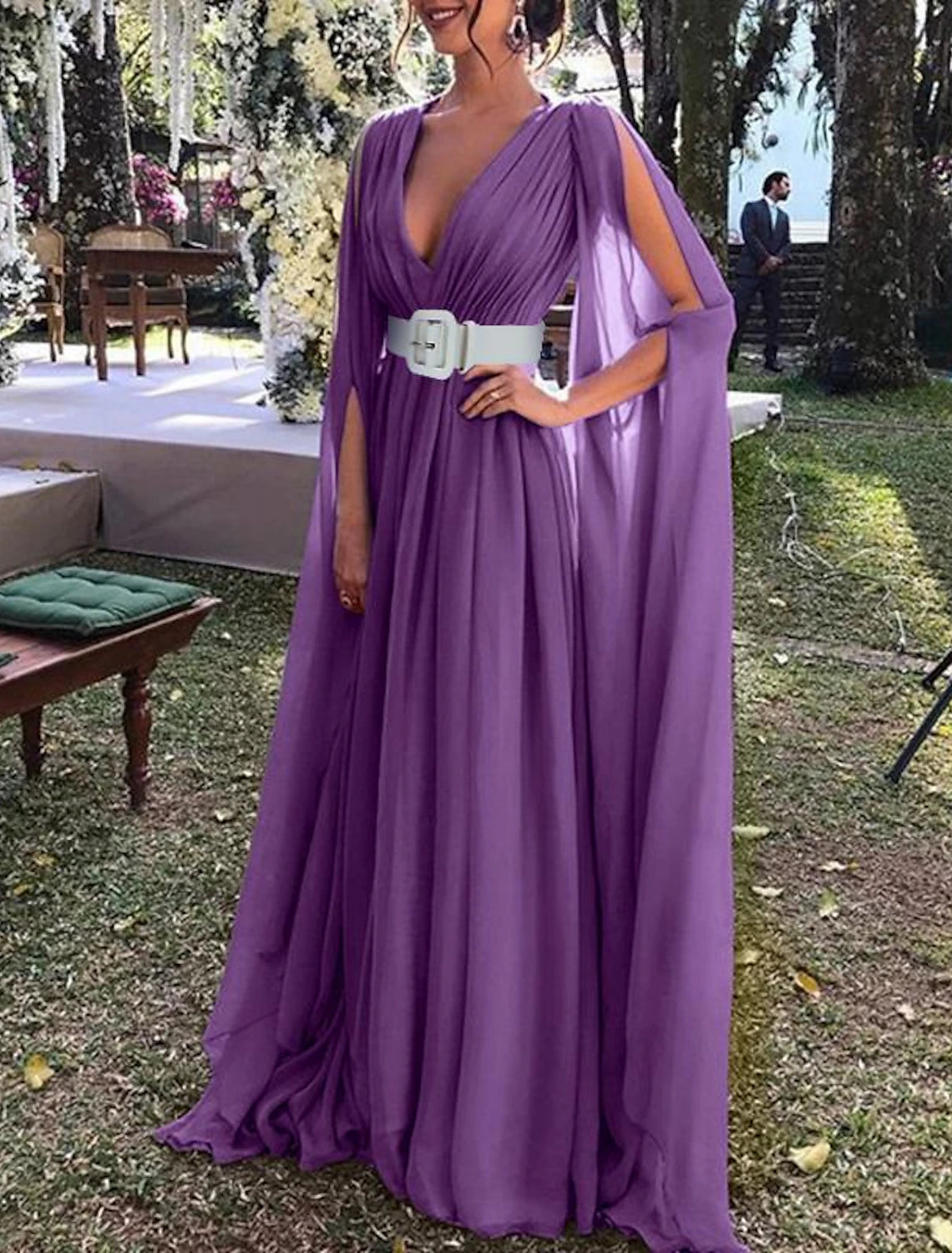 A-Line Wedding Guest Dresses Elegant Dress Wedding Party  Tie Floor Length Long Sleeve V Neck Fall Wedding Guest Chiffon with Belt
