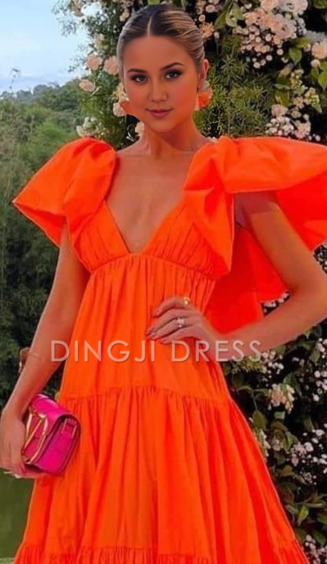 DingJiDress A-Line Deep V Neck Short Sleeves Pleated Long Exquisite Adoration Prom Dress