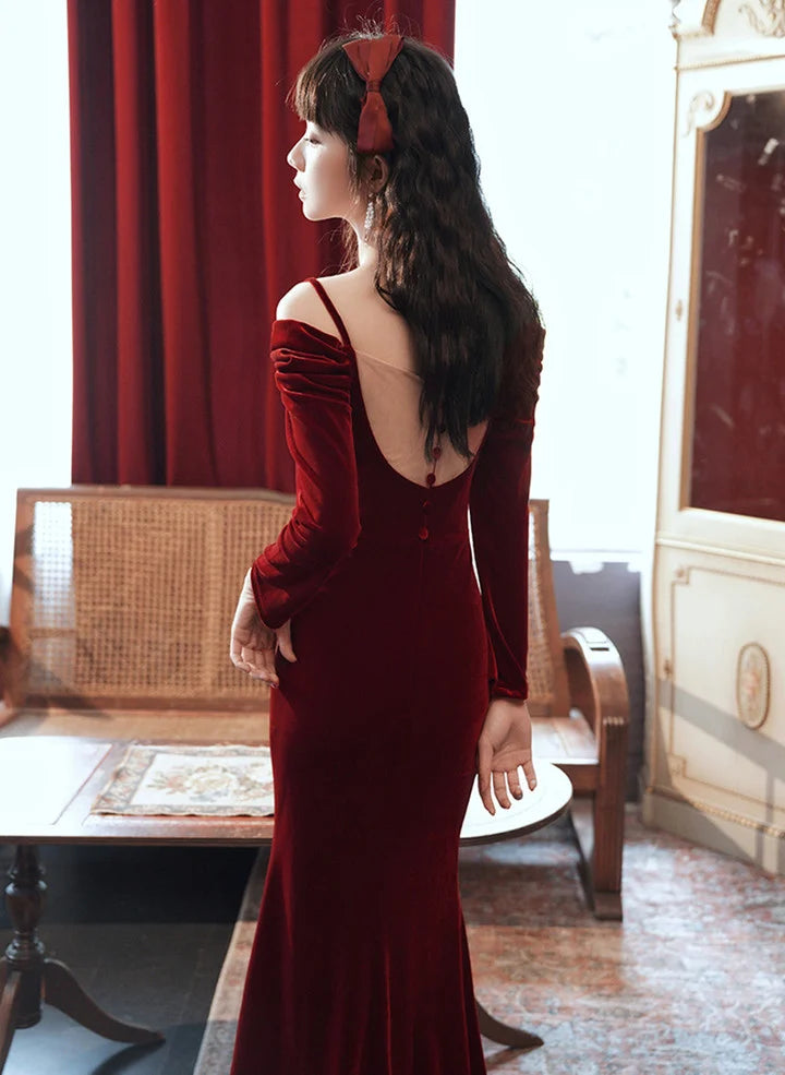 Elegant Wine Red Long Sleeves Mermaid Party DressWine Red Long Prom Dress