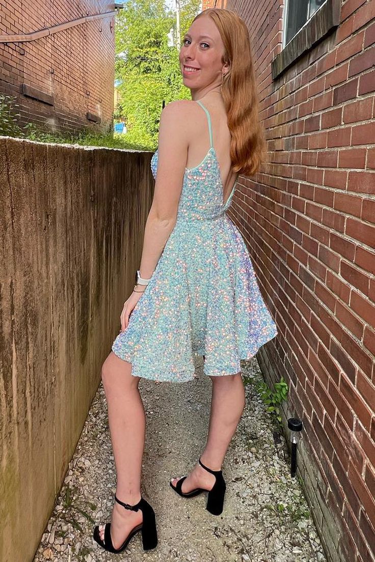 Light blue backless sequin A-line back to school dress