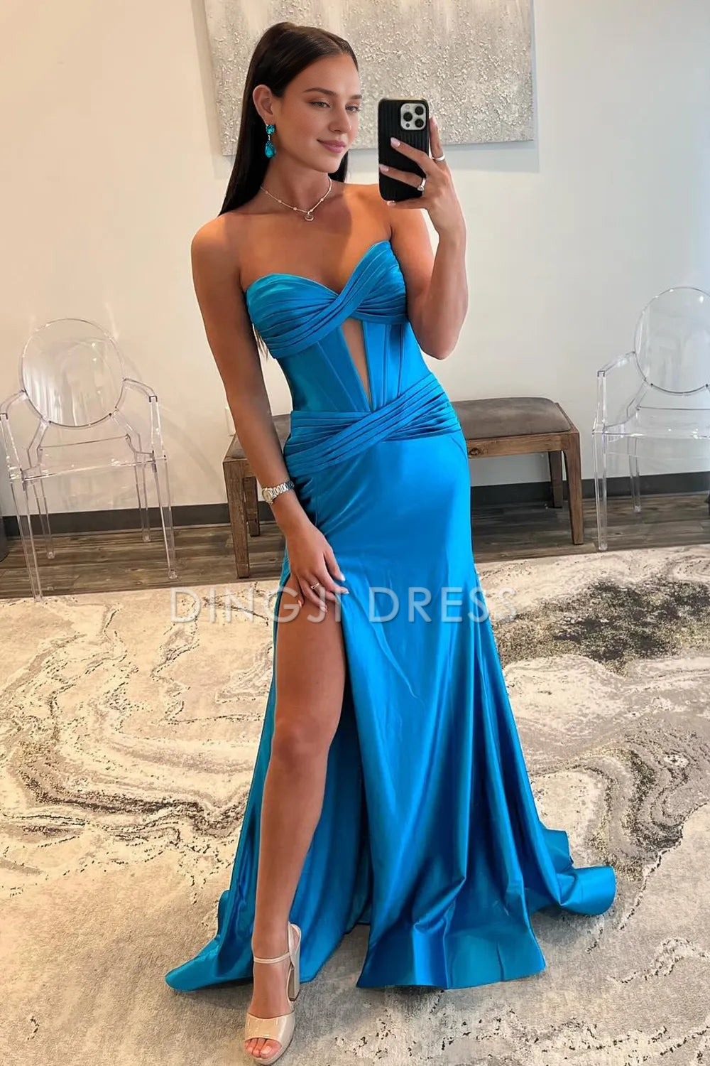 DingJiDress Elegant Satin Mermaid Strapless Long With Split Sweep Train Fashion Prom Dress