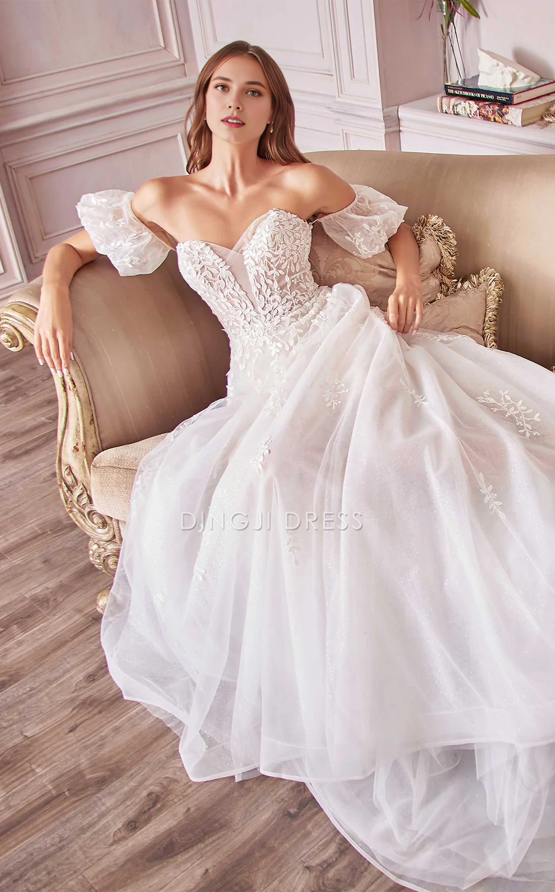 DingJiDress Hot Sale Wedding Dress Elegant A Line Off Shoulde Sweetheart Neckline Short Sleeves Backless Exquisite Lace Formal Wear Dresses