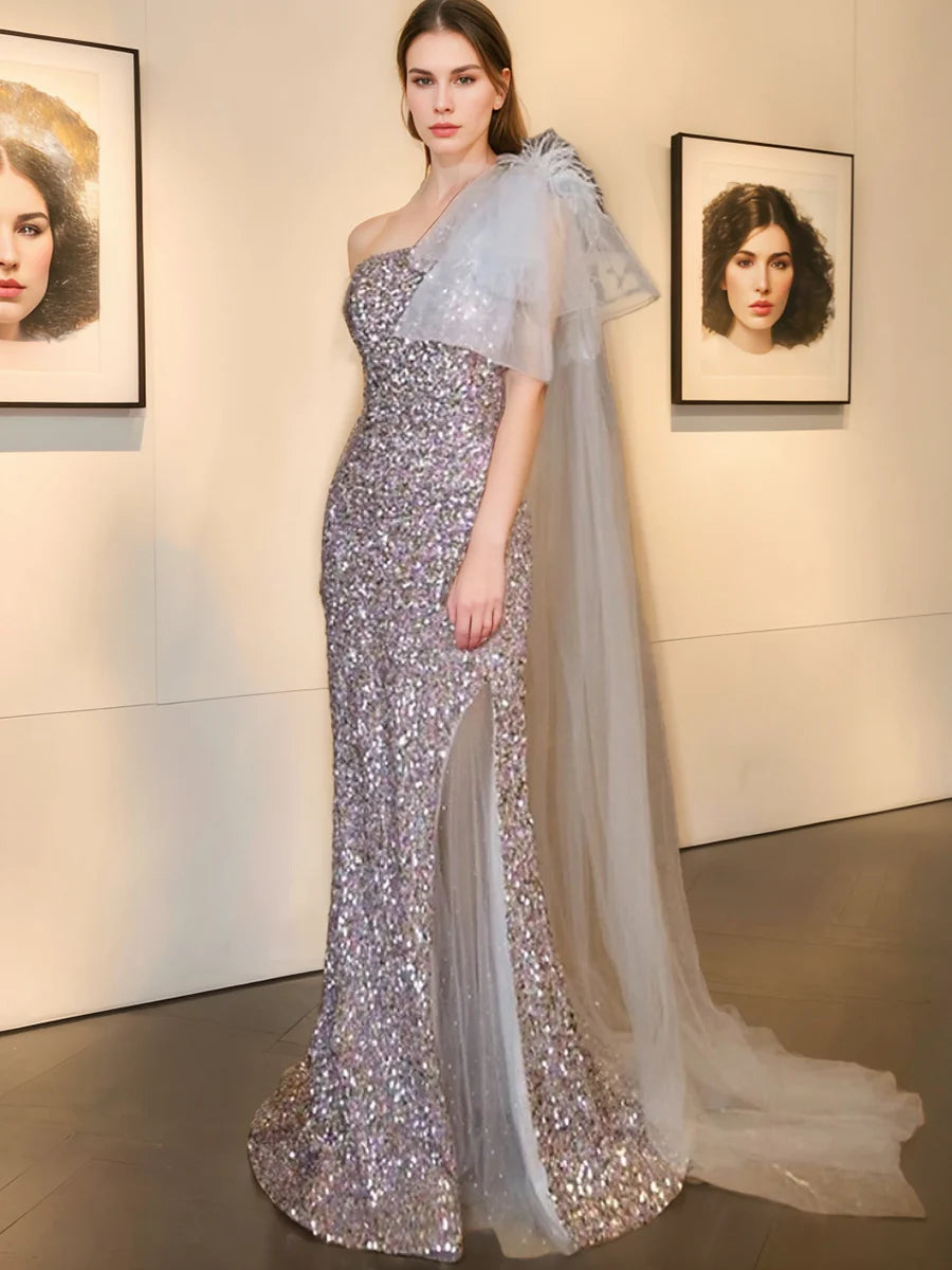 Silver long slit one shoulder sleeveless feather sequin evening gown