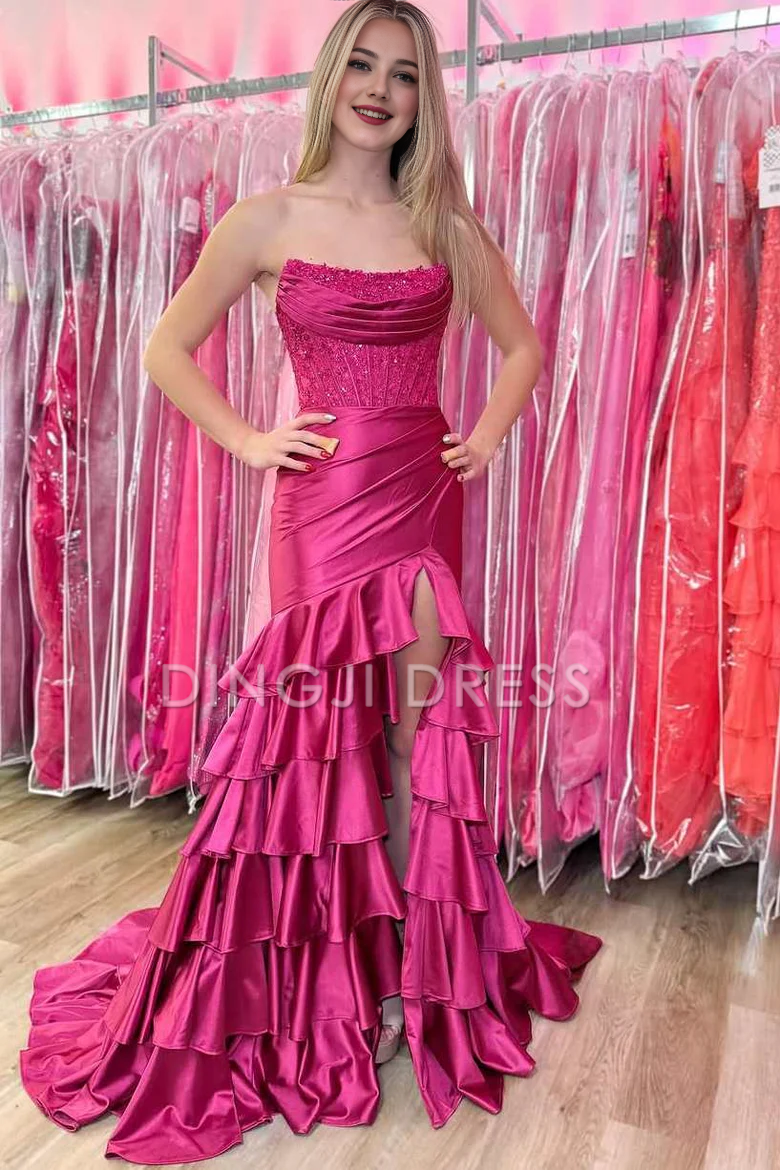 DingJiDress Strapless Scoop Layered Pleated Mermaid Side Fork Elegant Prom Dress