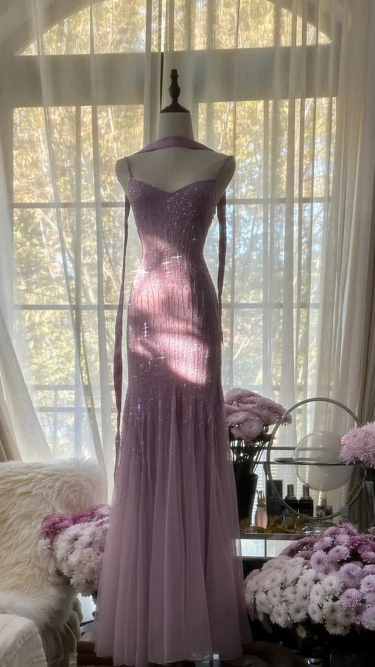 Purple Elegant Mermaid Spaghetti Strap Tulle Sequin Prom Dress Evening Gown