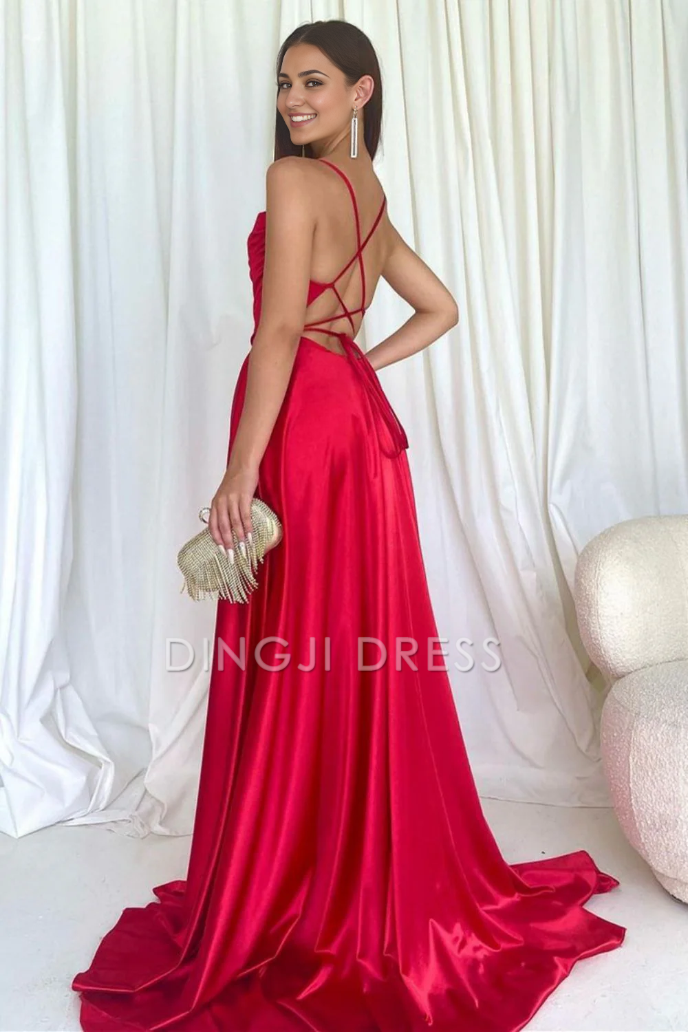DingJiDress Simple A Line Spaghetti Straps Long Backless Criss Cross Elegant Prom Dress