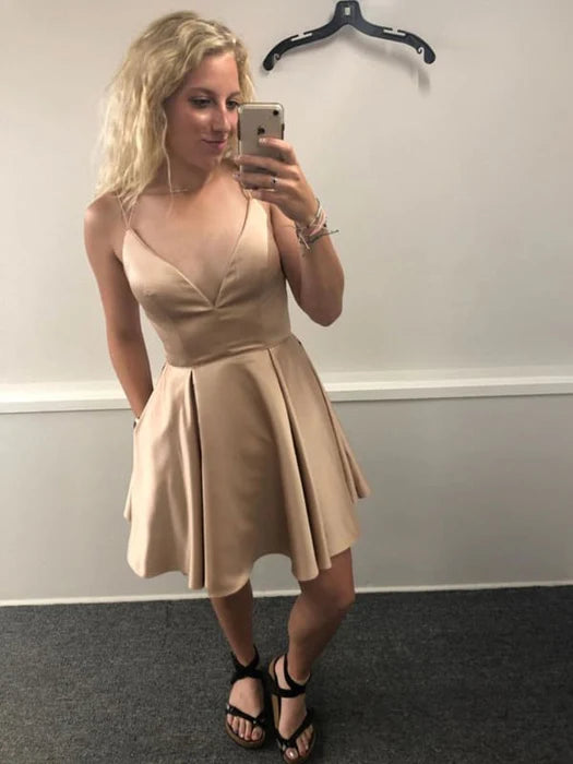 V Neck Champagne Satin Short Prom with Pocket Champagne Homecoming Short Champagne Formal Evening