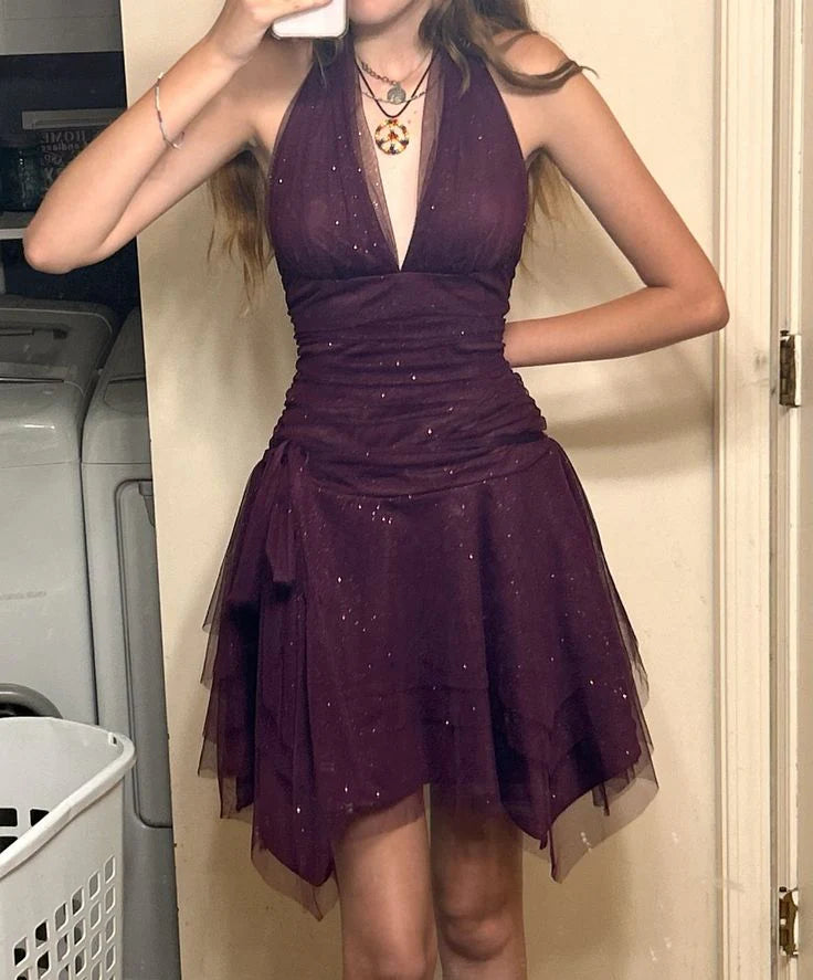 Purple Short Chiffon Ball Back to School Dress Party Dress