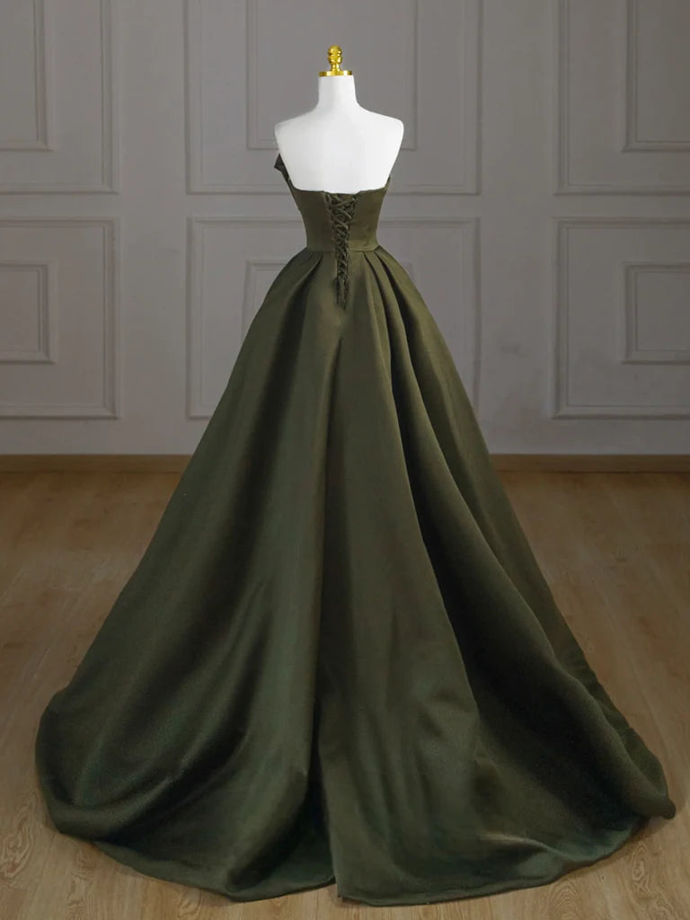 A-Line V Neck Satin Green Long Prom Dress Green Long Evening Dress