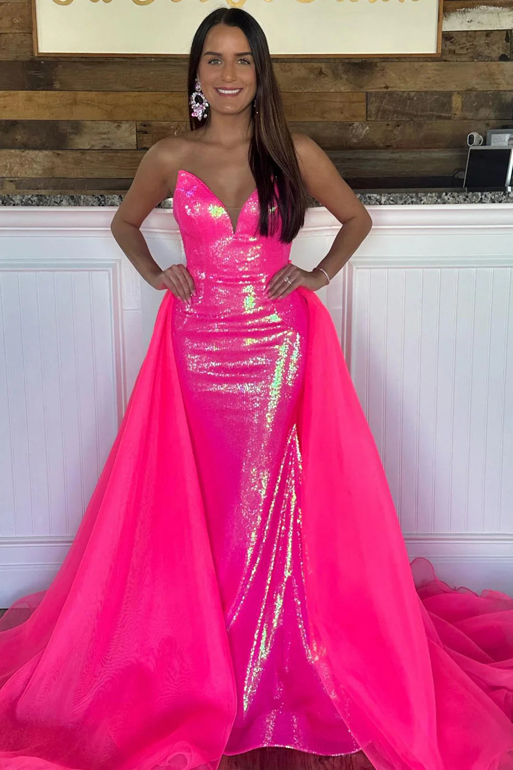 Purple red sequined mermaid long strapless ball gown
