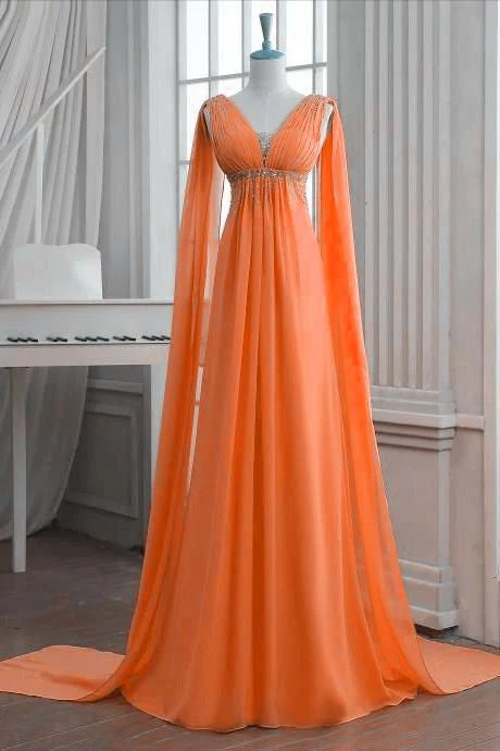 Orange V-Neck Sleeveless Chiffon Empire Waist Long Prom Dress, Evening Dress