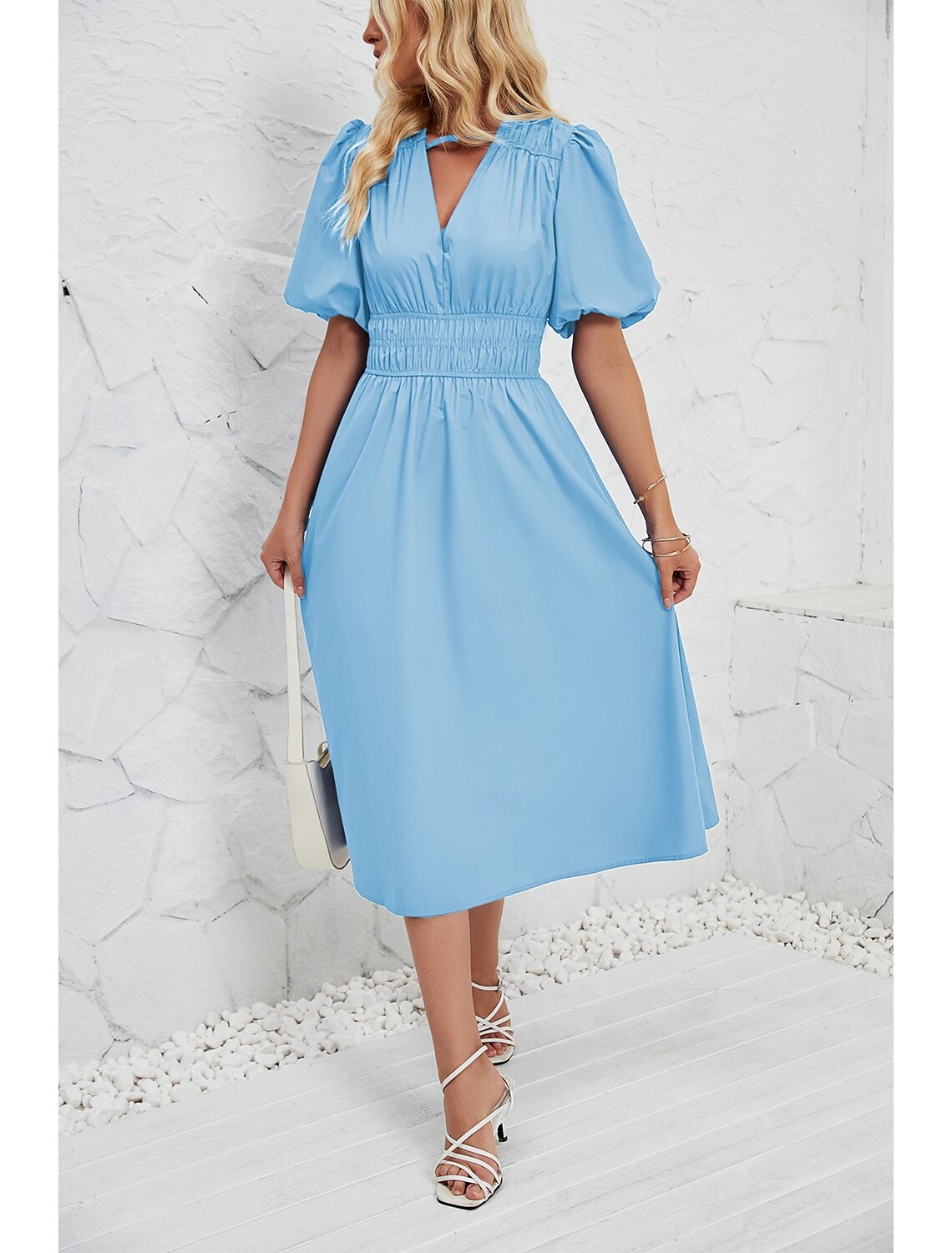 Retro Vintage 1950s Midi Dress Flare Dress Puff Sleeve Solid Color A-Line V Neck Women's Masquerade Wedding Vacation Tea Party Adults' Dress