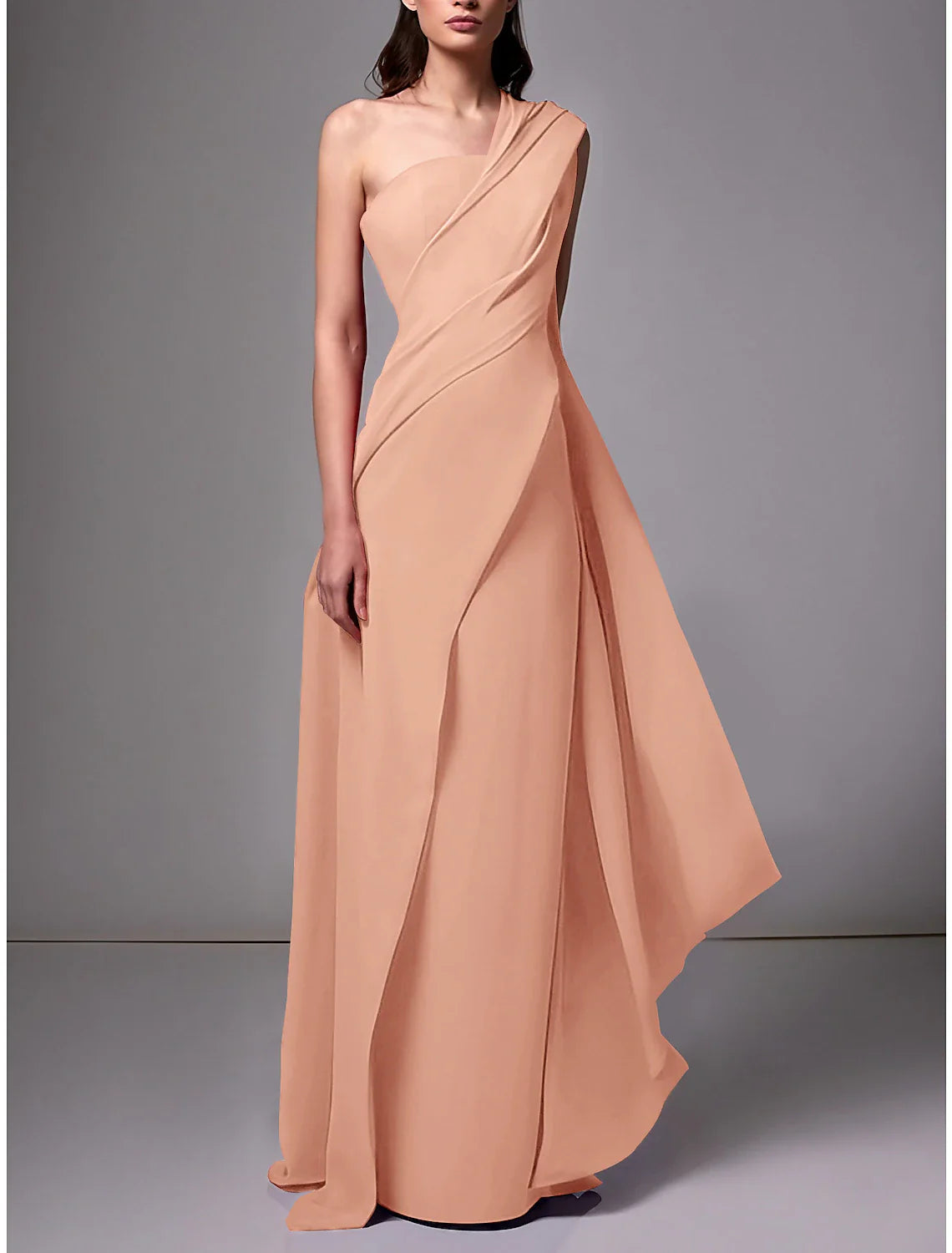 Sheath / Column Evening Gown Christmas Red Green Dress Elegant Dress Formal Sweep / Brush Train Sleeveless One Shoulder Stretch Chiffon with Pleats Ruched