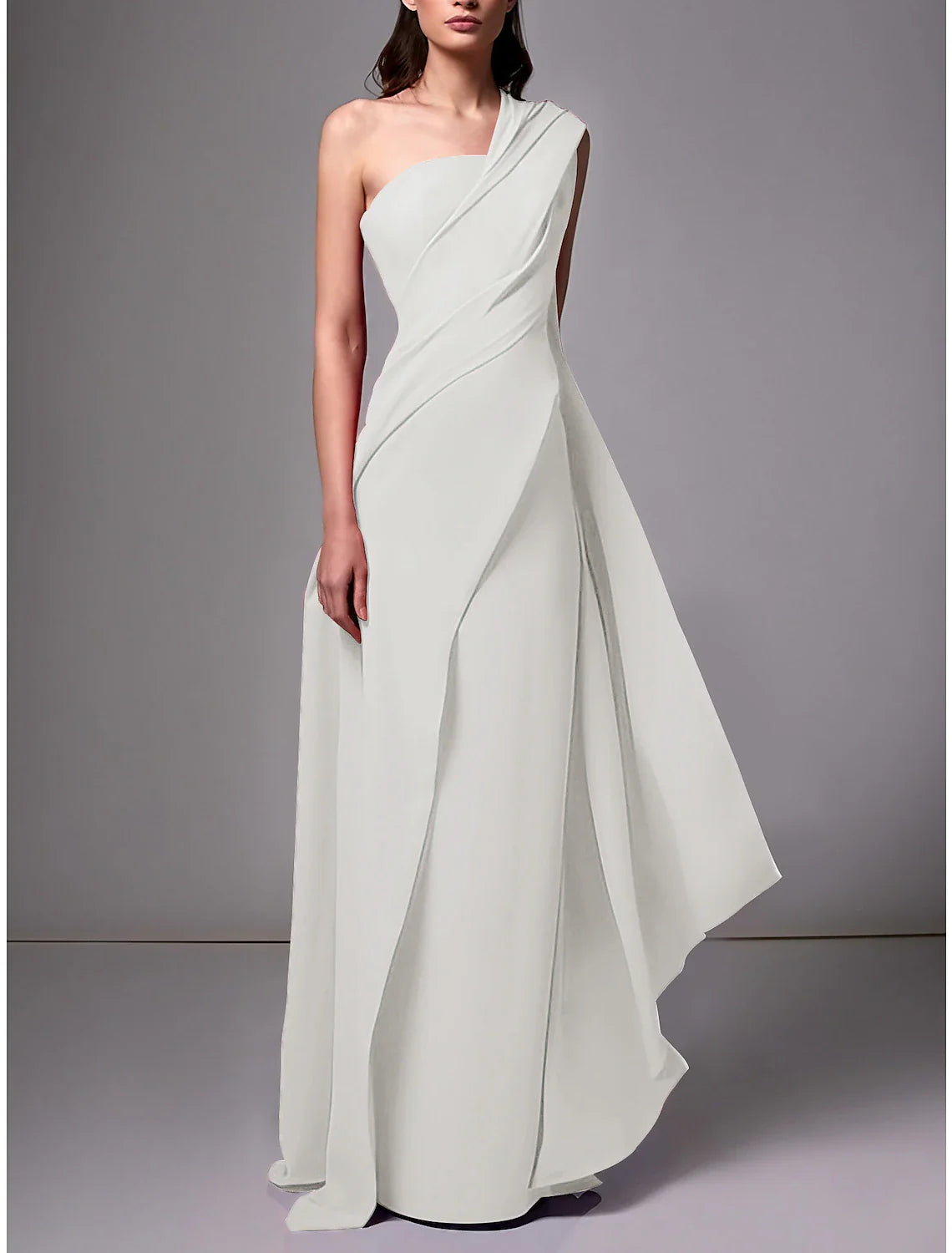 Sheath / Column Evening Gown Christmas Red Green Dress Elegant Dress Formal Sweep / Brush Train Sleeveless One Shoulder Stretch Chiffon with Pleats Ruched