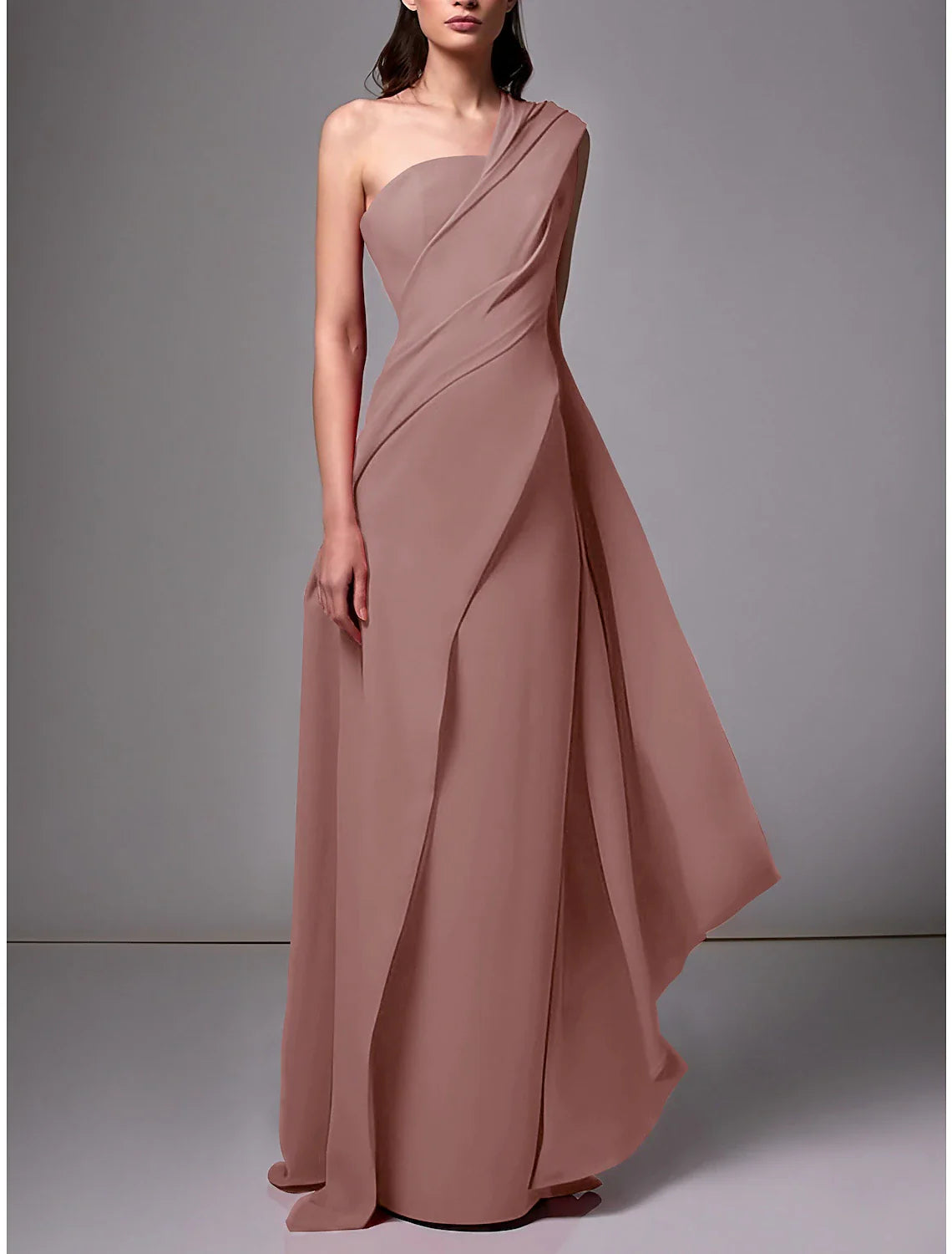 Sheath / Column Evening Gown Christmas Red Green Dress Elegant Dress Formal Sweep / Brush Train Sleeveless One Shoulder Stretch Chiffon with Pleats Ruched